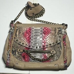 ABACO Paris Made France Leather Python Embossed Chain Crossbody Bag Pink Taupe